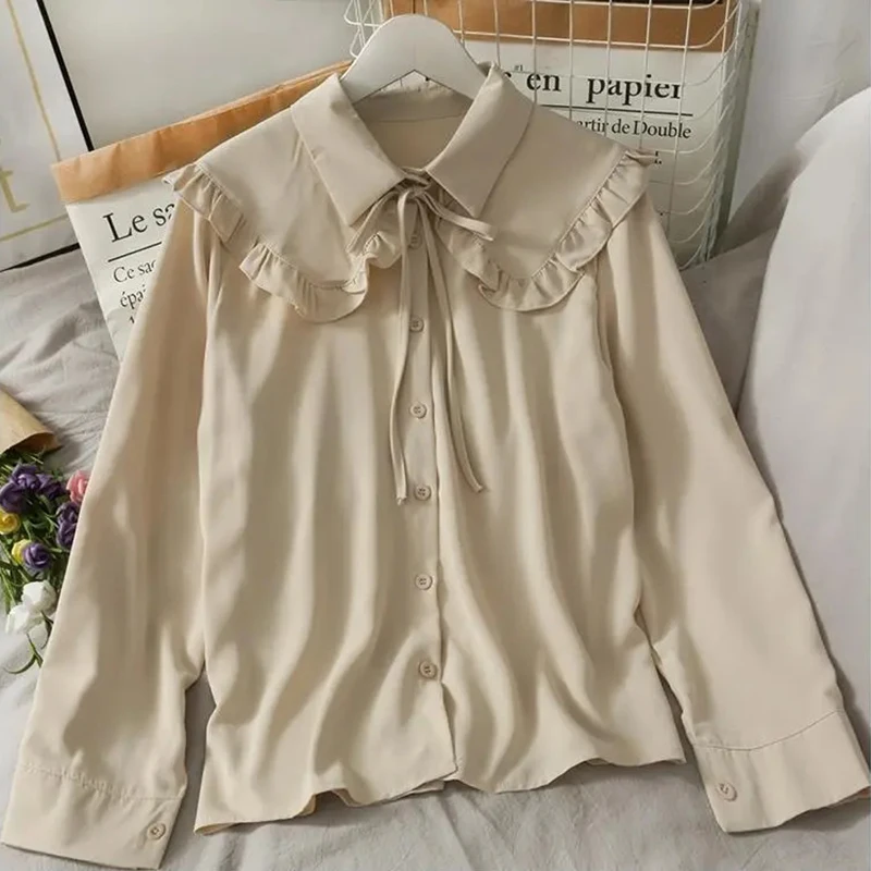 Gidyq Vintage Women Chiffon Shirts Korean Fashion Lace Up Loose Blouses Y2K Spring Elegant Office Ladies Long Sleeve Tops