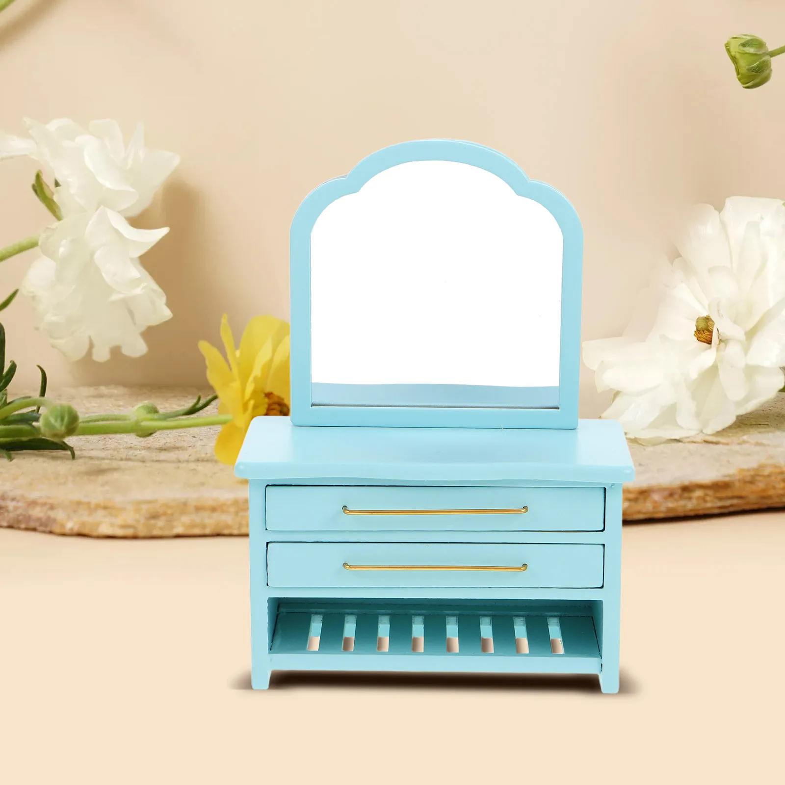 Mini armoire de salle de bain bleue, Table de vanité en bois, miroir, maison de poupée, accessoires de salle de bain, meubles décoratifs, Mini armoire