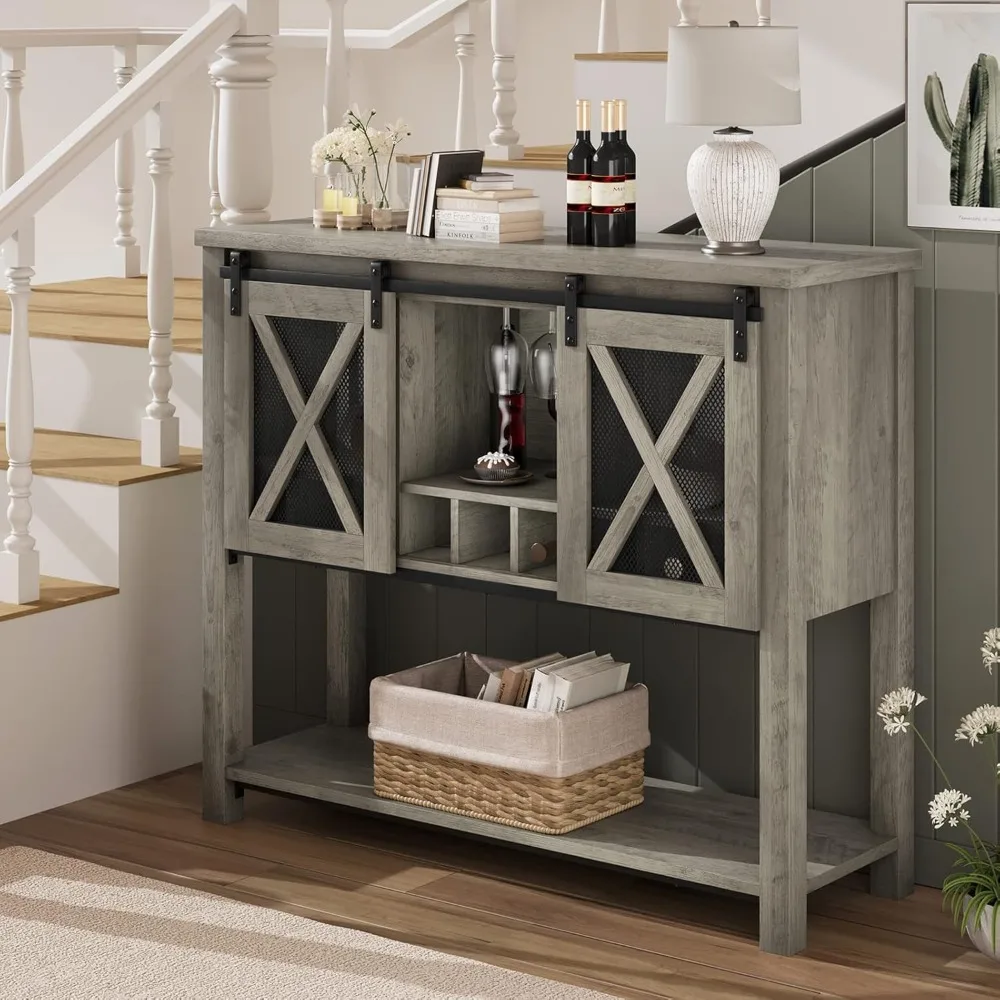 

Farmhouse-Style Wine Cabinet with Storage, Glass Rack, and Coffee Bar Table