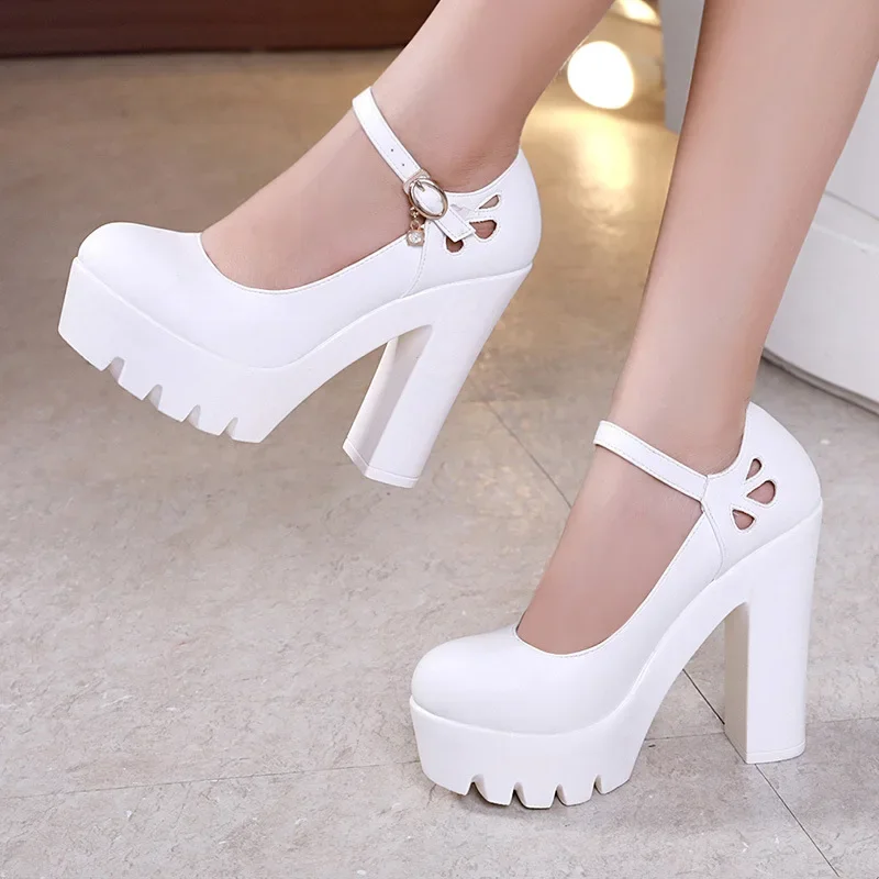 Small Size 32-43 Soft Leather Platform Pumps Women 2024 Block High Heels Wedding Shoes Mary Janes for Show Office Party