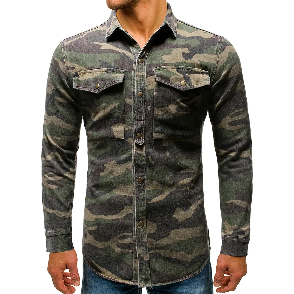 

Tough Guy Style Army Green Camouflage Denim Shirt Long Sleeve Hombre Outdoor Climbing Jean Tops High Quality Cotton Cowboy Shirt