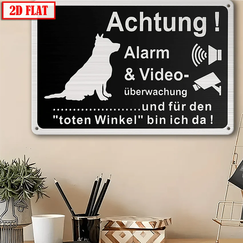 2D Flat, 1pc German Alarm & Video Surveillance Dog Warning Sign - or Drill-Mounted (4 Holes) 30x20cm/12