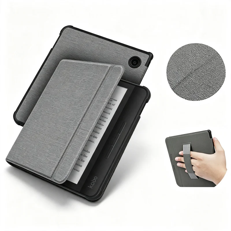 Shockproof Fabric Protective Cover For Kobo Libra Colour Libra 2, Built-in Hand Strap Shell, Smart Auto Sleep Wake Ebook Case
