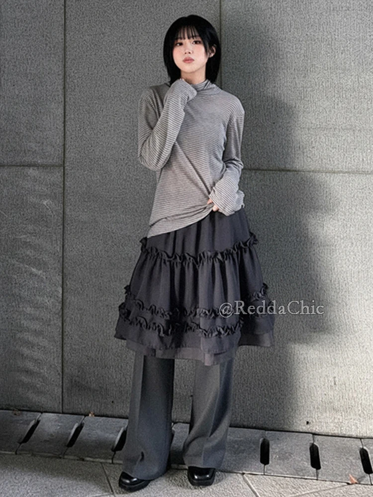 REDDACHiC Gray Grunge Dress Pants for Women Retro Plain Frilly Ruffle Elastic Waist Straight Wide Work Pants Korea Everyday Wear