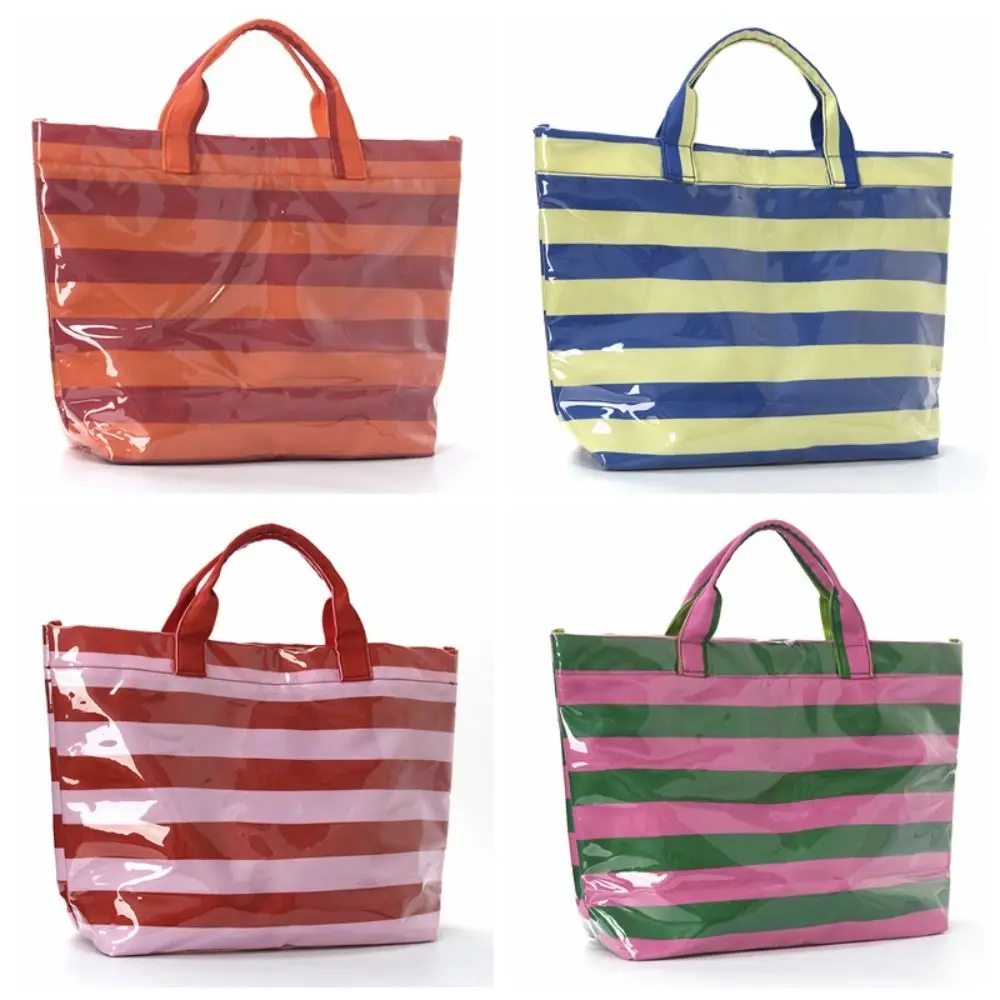 Gestreifte PVC-Tragetasche für Damen mit Leopardenmuster, große Kunststoff-Handtasche mit Henkel, große Kapazität, wasserdichte Strandtasche für Strand und Pool