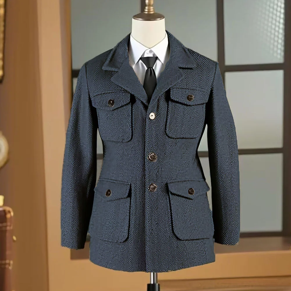 Hunting jacket British Men's Retro Multi-pocket Sport Coat With Belt Herringbone Business Causal Lapel Suit Blazers Tuxedos