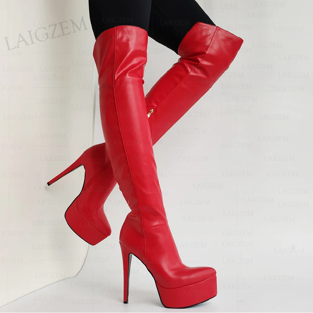 LAIGZEM Women Over Knee High Boots Pointed Toe Platform Side Zip Thin High Heels Boots Ladies Shoes Woman Big Size 41 43 46 47