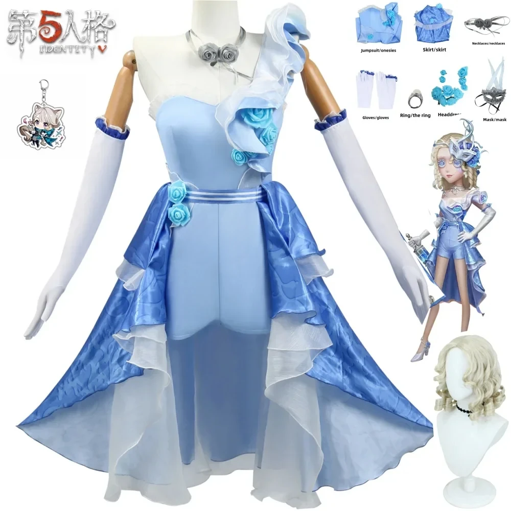 

Demi Bourbon Cosplay Anime Game Identity ⅤCostume Barmaid Blue Dress Mask Prop Wig Set Party Carnival Outfit for Woman