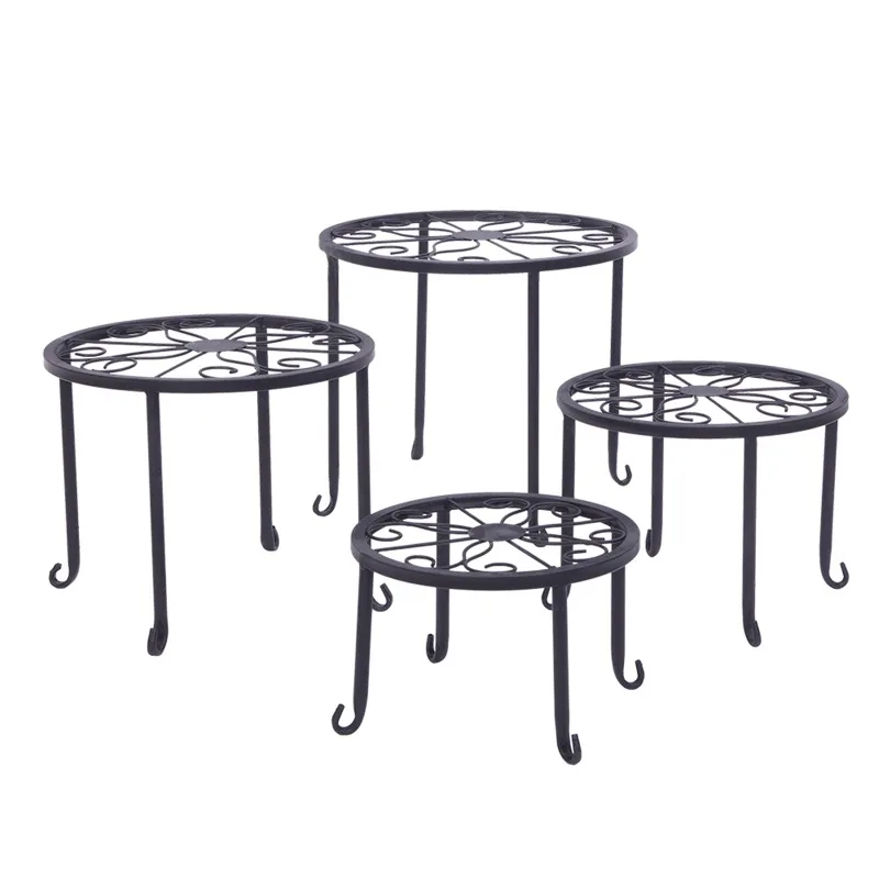 

Black Baking Paint 4 Plant Shelves Round Pattern Cast Iron Sturdy Folding Metal Stand For Indoor Outdoor
