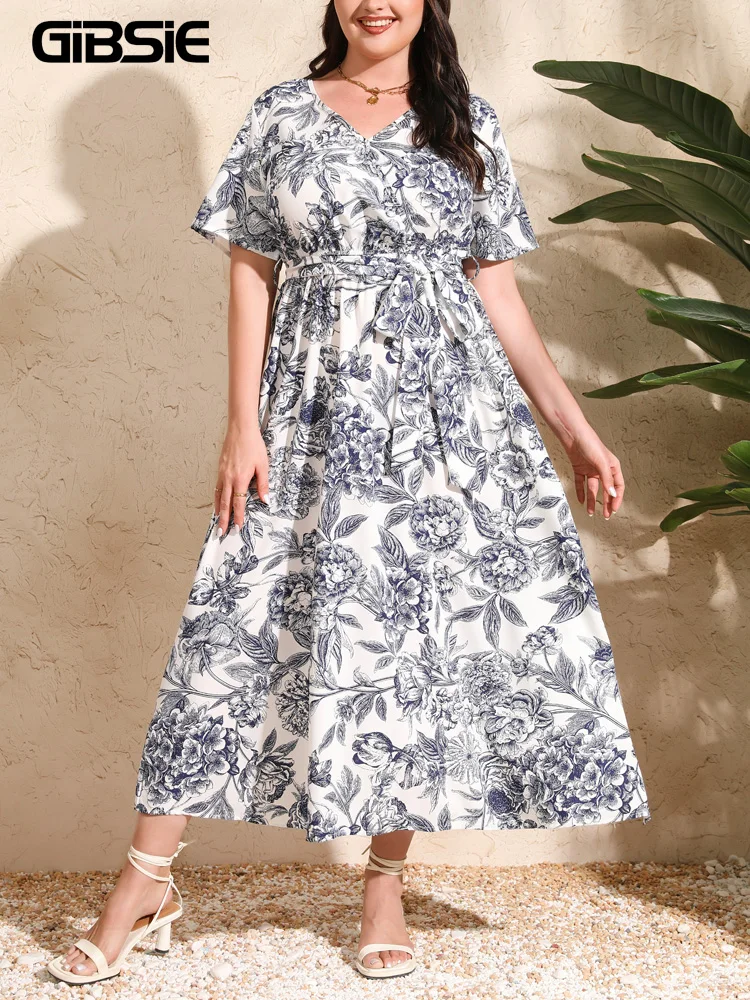 

GIBSIE Plus Size Floral Print Belted A-Line Dress Women Summer 2024 V Neck Short Sleeve Vacation Casual Boho Maxi Dresses