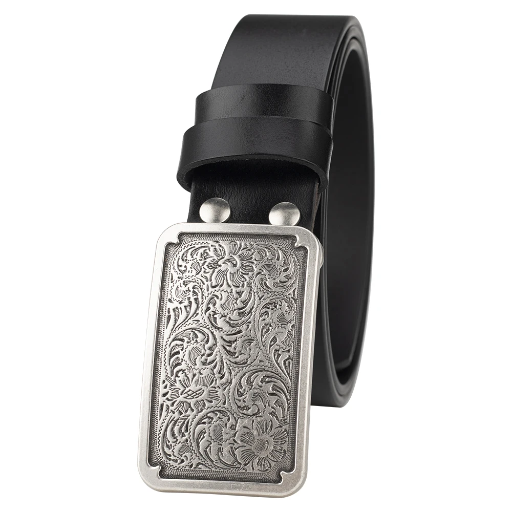 Ceinture en peau de vache pour hommes, rétro Tang Grass carré plaqué argent, boucle lisse, loisirs décoratifs pour jeunes