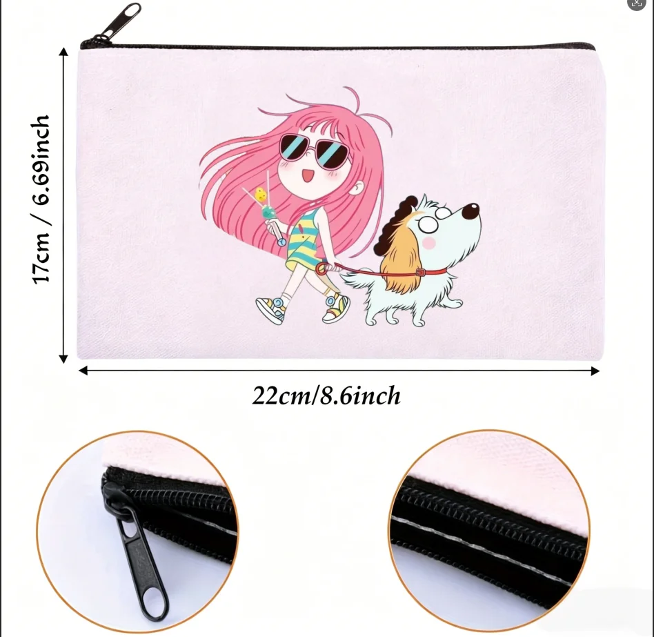 1PC Double Sided Print Pink Hair Girl Walking Fluffy Puppy Canvas Zipper Cosmetic Storage Pouch