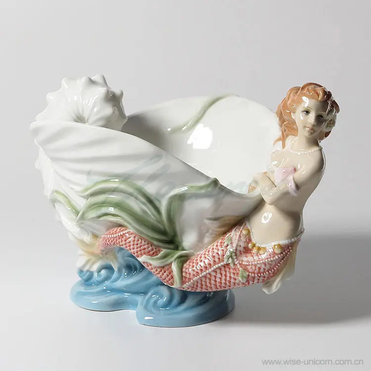Ceramic Mermaid Conch Decorative Plate Ocean Theme Porcelain Dish Mermaid Sculpture Plate Tabletop Home Decorative Art Ornament