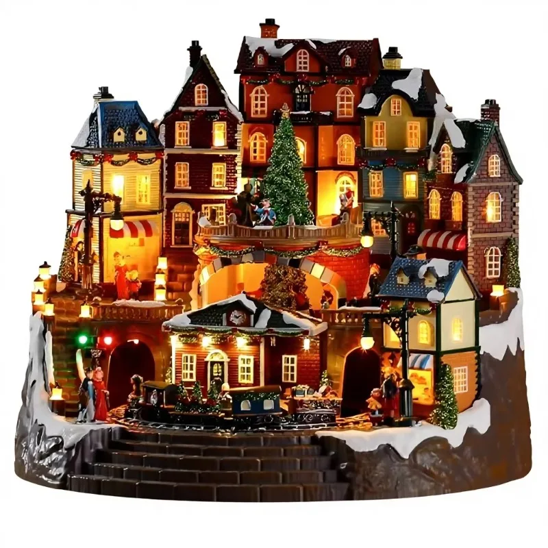 Large luminous Christmas decoration house, rotating train, rotating European and American country style plastic material