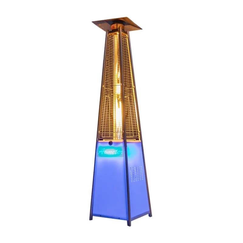 Pyramid-shaped LED Glass Tube Outdoor Gas Patio Heater, Steel Material, Freestanding Floor-standing Model