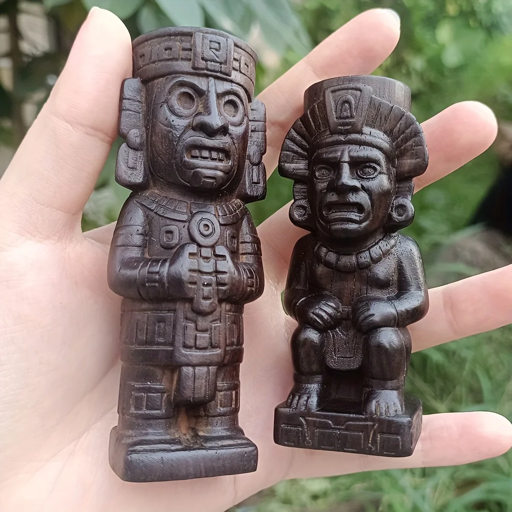 3.8 Inch Hand-Carved Wooden Aztec Totem Craft Ornament Suitable for Craft Decorations, Handmade Living Room Office Desktop Decorations, Handheld Items for Collection and Appreciation