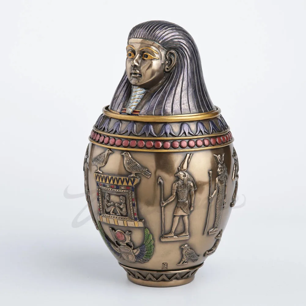 Ancient Egyptian Canopic Jar Resin Statue Pharaoh Urn Sculpture with Hieroglyphic Relief Retro Home Desktop Decorative Ornament