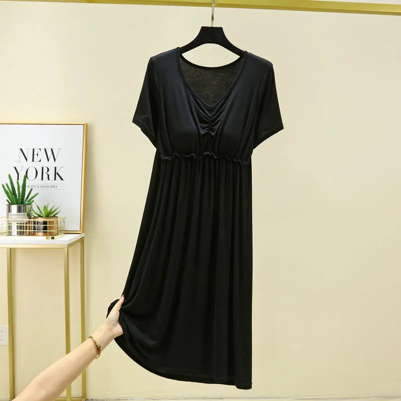 INS Casual Women\'s Summer Nightgown Thin Chest Pad Modal Nightdress Short-Sleeved V-Neck Home Dress ночнушка женская