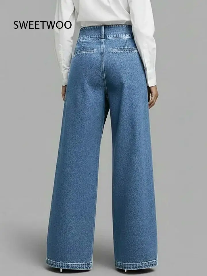 Women's High Waist Wrap Front Wide Leg Jeans Asymmetrical Overlay Denim Trousers With Pockets For Casual Street Daily Outfit Wea