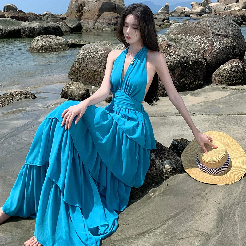 Verão sexy profundo decote em v chiffon férias praia maxi vestido boho feminino halter sem mangas rendas até camadas sem costas babados longo robe