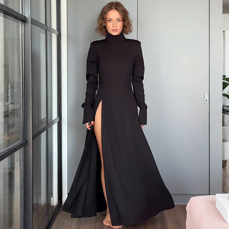 

Ticketsx Women Lace-Up Split Dress Elegant New High Waist Patchwork Slim Long Dress Fashion Solid Streetwear Party Female Dress