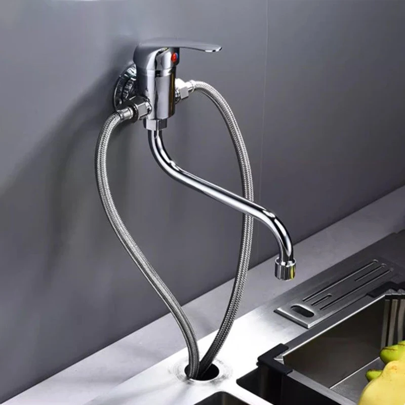 

Chrome Exposed Kitchen Faucet Wall Mount Hot Cold Water Mixer Crane Tap Alloy Long Spout ​Household Vegetable Basin Faucet G1/2