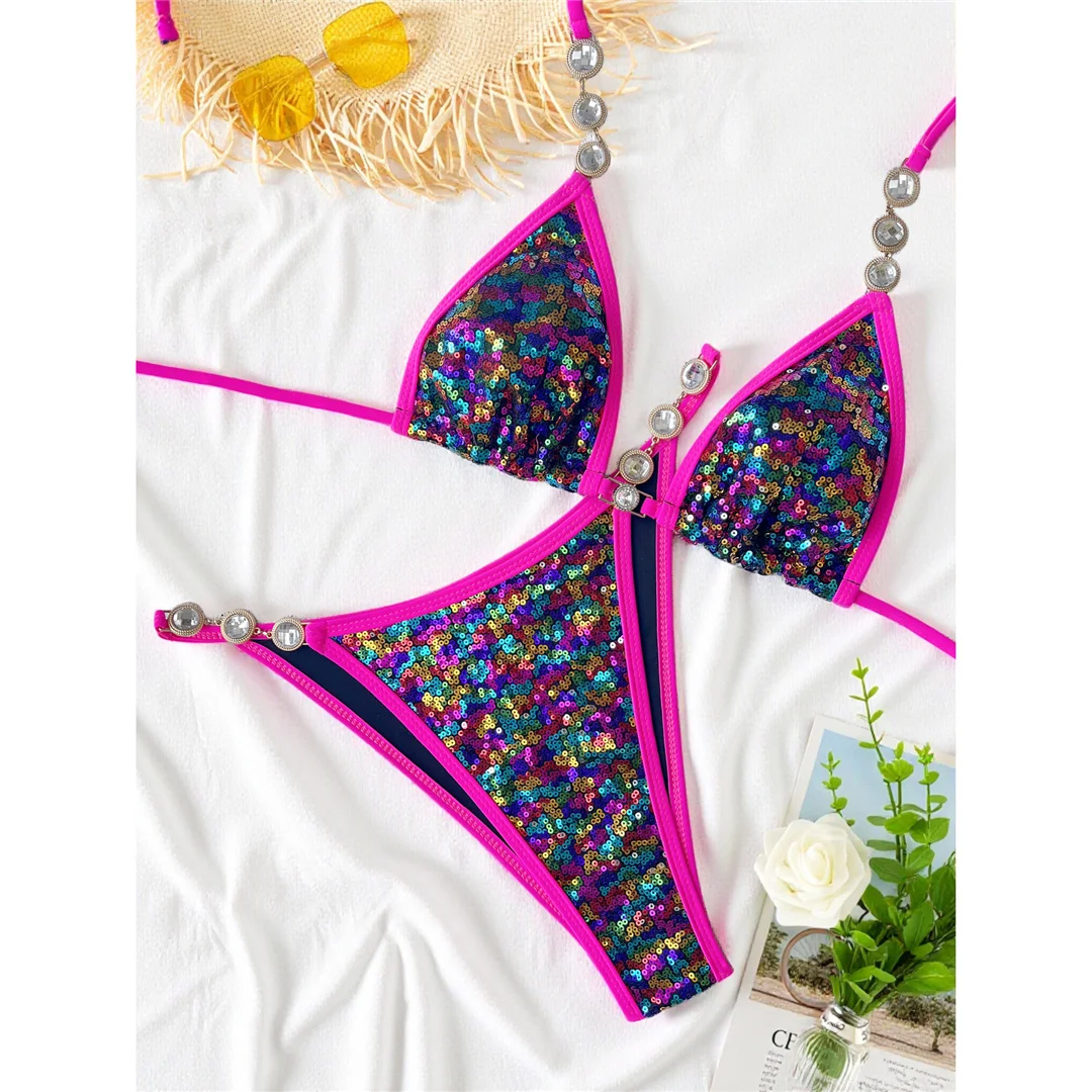 S - XL Neuer Bikini mit Pailletten und Strasssteinen, Neckholder-Bikini, Damen-Badeanzug, zweiteiliges Bikini-Set, Badebekleidung, Badeanzug, Modell V8359 – Detail 6