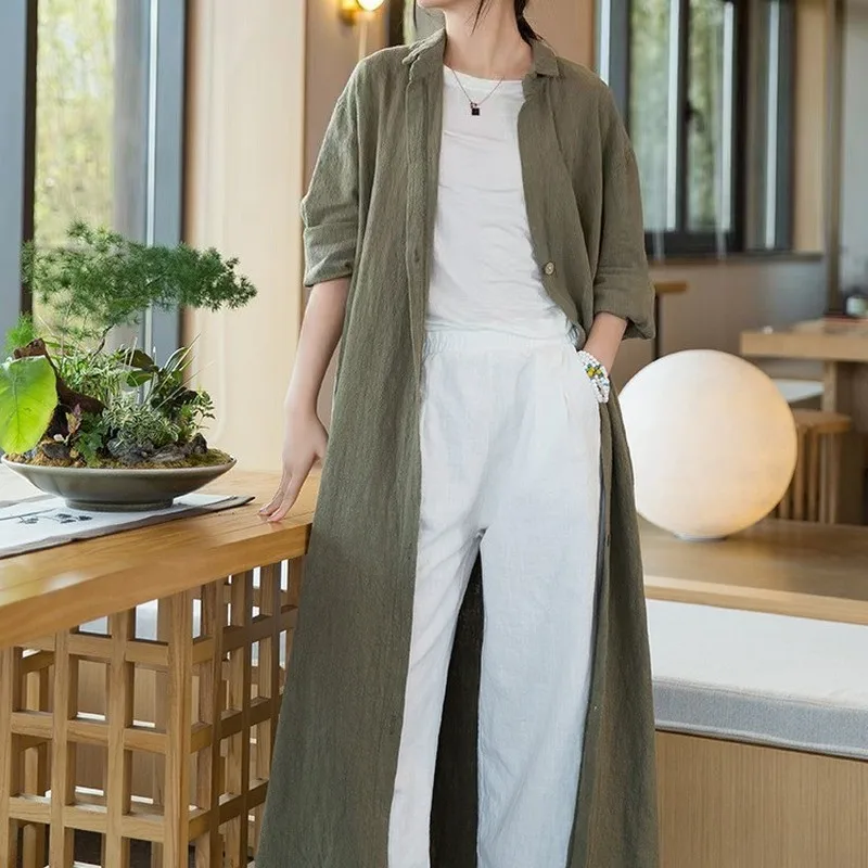 ゆったりとしたヘンプコットンカーディガン、膝丈、無地、多用途、秋の新作、レディース通勤、スリーブロングコート