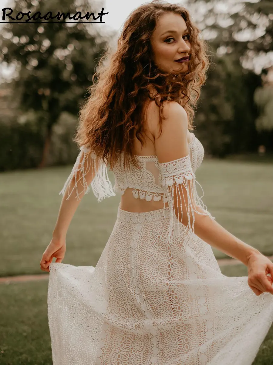 Robe de Mariée Deux Pièces Style Bohème, Tenue Fendue sur le Devant, Style Sirène, avec Appliques en Dentelle, pour Patients Campagnards