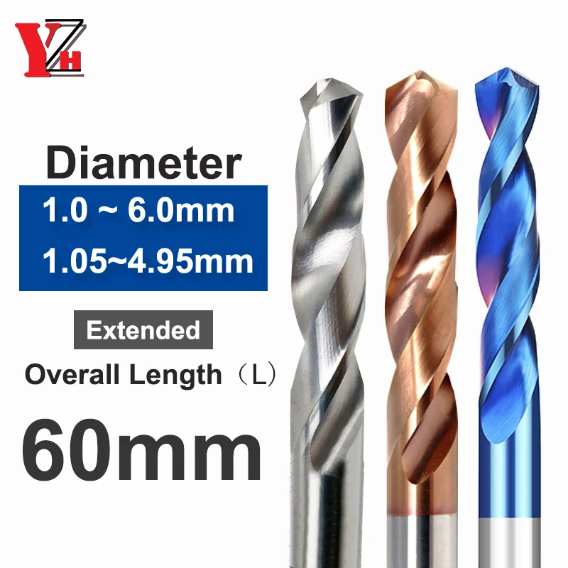 YZH Carbide Twist Drill Total Length 60mm Solid Tungsten Bits HRC50/55/65 CNC Straight Handle Drilling Hole For Metal Iron Steel