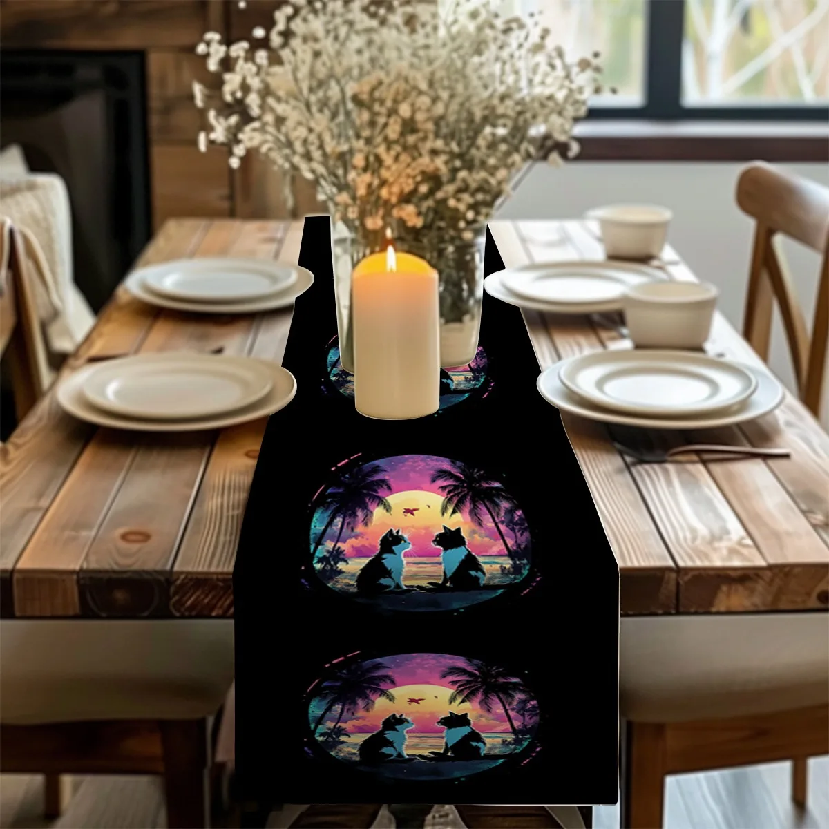 decor table runner Tropical Sunset Cats Silhouette Aesthetic Print Table Flag for wedding,Restaurant,Holiday Gathering New Year,