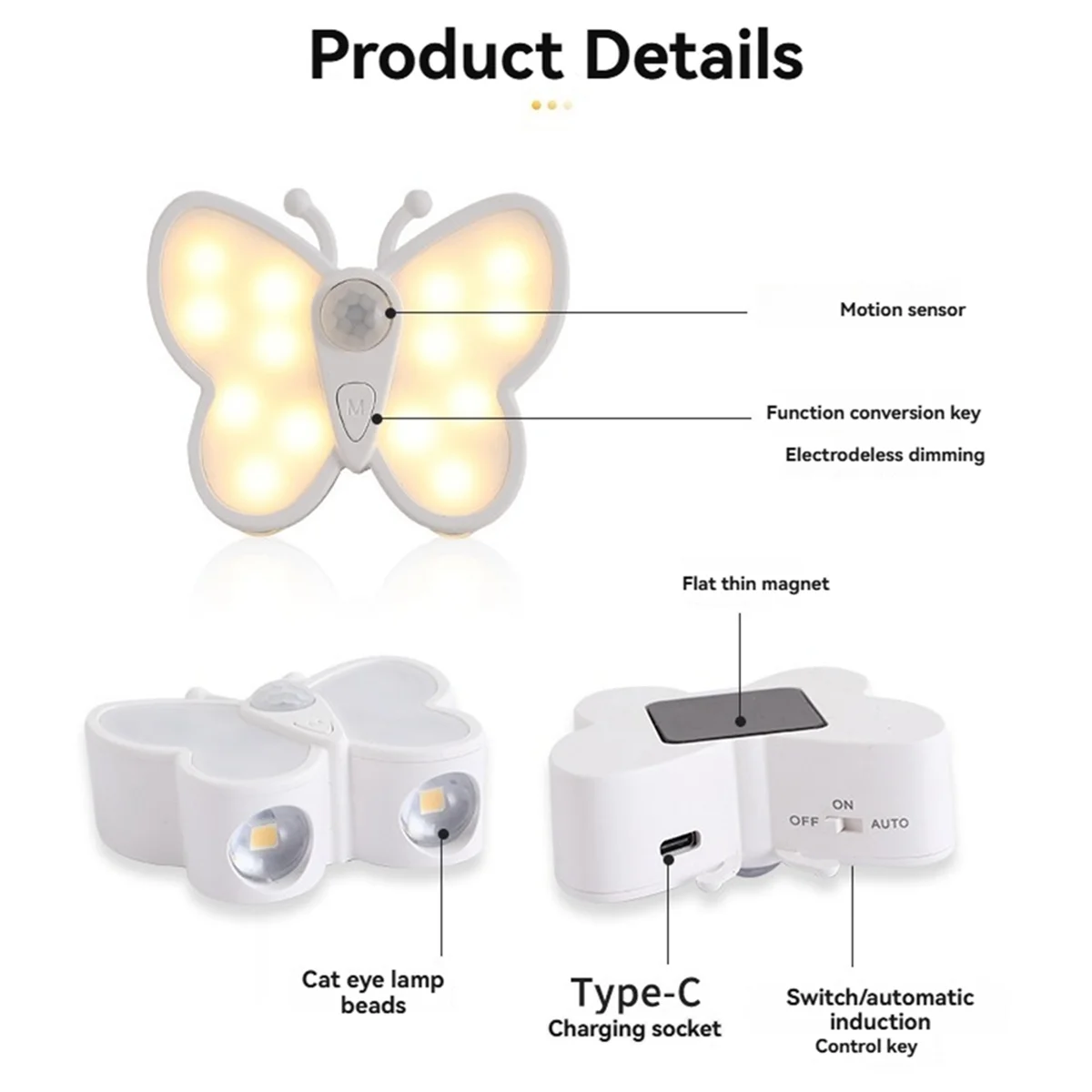 Butterfly Motion Sensor Night Light LED Under Cabinet Light Rechargeable Night Lamp Wardrobe Stair Bedroom Kitchen Light