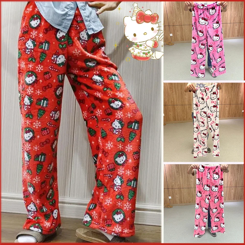 Pantalones de pijama Sanrioed Hello Kitty, pantalones Kawaii de Anime para mujer, Otoño Invierno Kt Plus, pantalones de terciopelo para mantener el calor, moda de ocio para el hogar