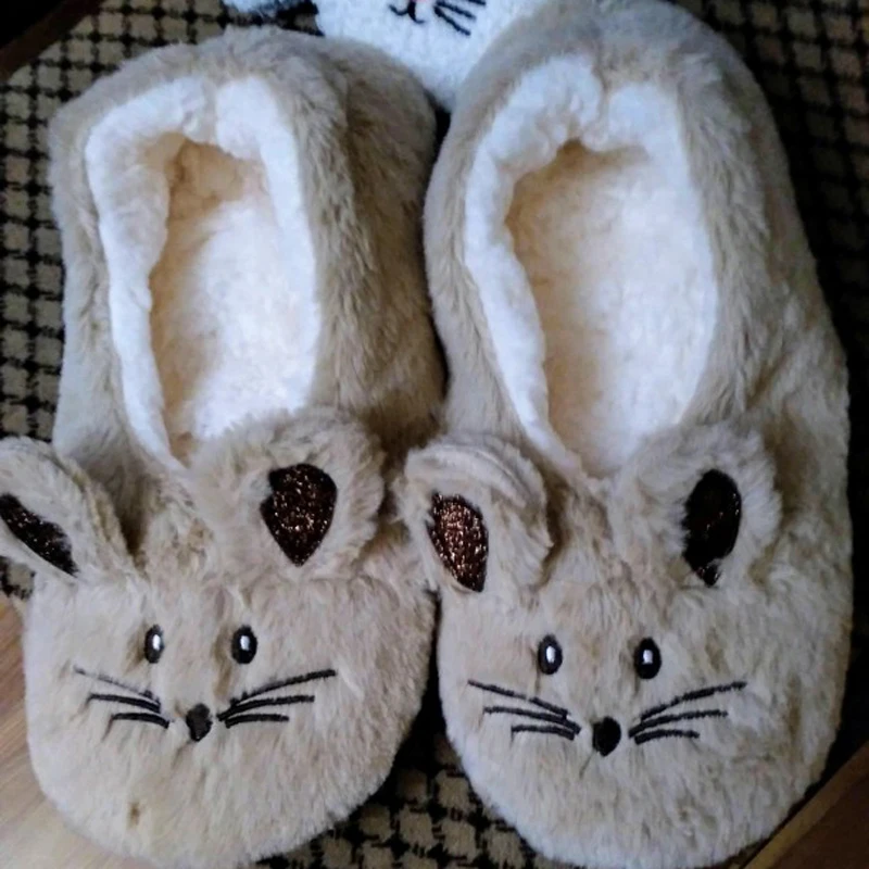 Female Slipper Fluffy Home House Women Winter Warm Anti Skid Grip Indoor Fur Contton Plush Lazy Mouse Ears Embroidery Fuzzy Shoe