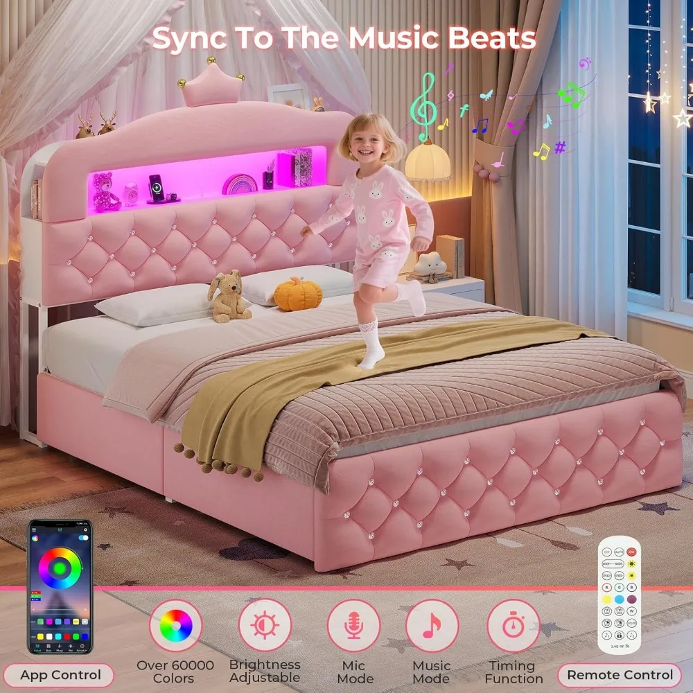 إطار سرير LED منجد بالكامل من ADORNEVE مع 4 أدراج تخزين وخزانة كتب للتخزين بطبقتين، سرير بمنصة الأميرة المخملية للأطفال/ #5