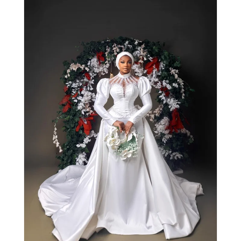 Custom High Neck Puff Long Sleeve Satin Mermaid Wedding Dress 2026 Detachable Overskirt Heavy Beaded Muslim Bridal Gown
