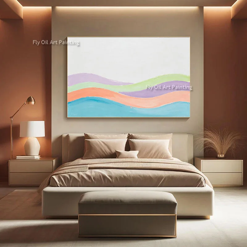 Special White Artwork Hand Made Blue Pink Color Wave Oil Painting Abstract Original Design Purple Orange Canvas Wall Art Decor