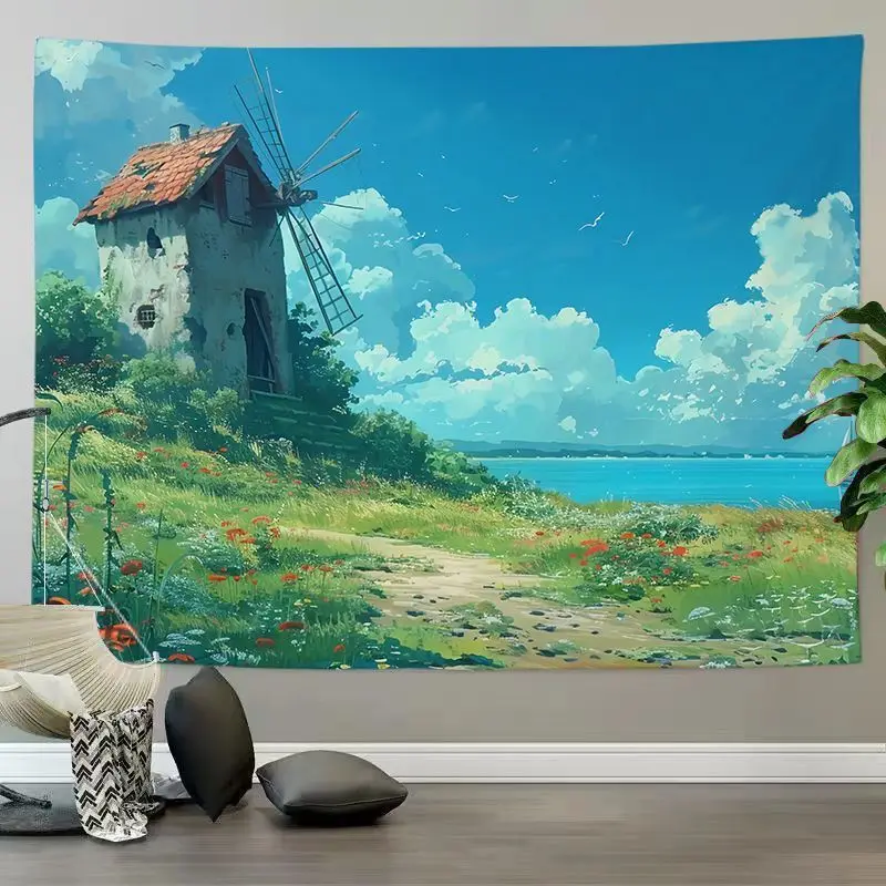 VIKAMA Anime Lakeside Windmill Hut Tapestry, HD Wear-Resistant Fabric Wall Art for Living Room Home Room Decoration