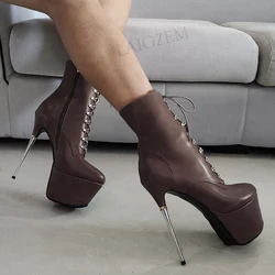 LAIGZEM SUPER Women Ankle Boots Platform Metal High Heels Zip Up Faux Leather Party Club Cosplay Shoes Woman Big Size 39 41 43