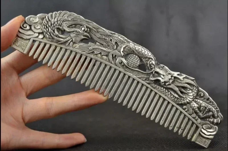 Chinese Old Decoration Collectibles Handwork Tibet Silver Carving Dragon Comb