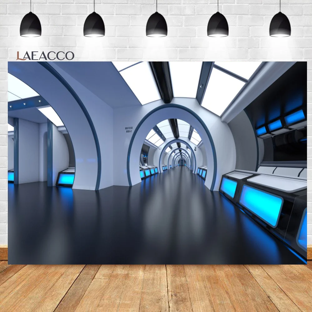 Laeacco Spaceship Tunnel Backdrop Outer Space Shuttle Science Lab Universe Explore Kids Birthday Portrait Photography Background