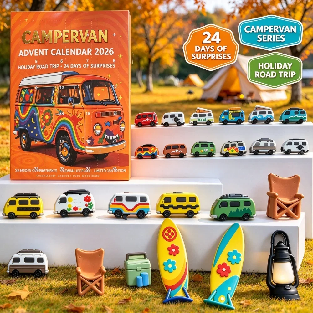 2026 Campervan Advent Calendar Xmas Christmas Countdown Set Soft Rubber Mini Camper Van Camping Gear Retro Trip Gift for Fans