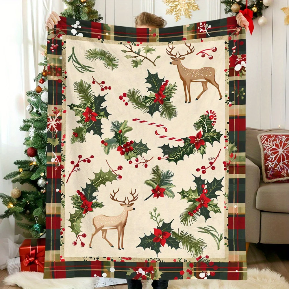Vintage Weihnachts-Fleecedecke – Buffalo Plaid/Holly/Rentier |   Weich warm |   Nickerchen/Büro/Camping/Reisen |   Urlaub