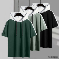 Japan Fashion Men's Hoodies Summer Men Color Blocking Splicing Casual Harajuku Hooded Top Short Sleeve Sweatshirts Men Clothing