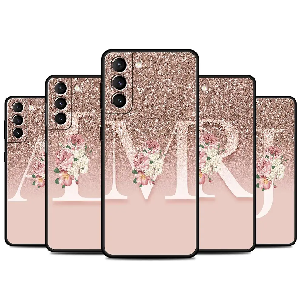 Letter Pink Shiny M R Case For Samsung Galaxy S22 S23 Ultra S20 S21 FE S10 S9 Plus S24 Modelo Capa Note 20 10 Lite Phone Fundas