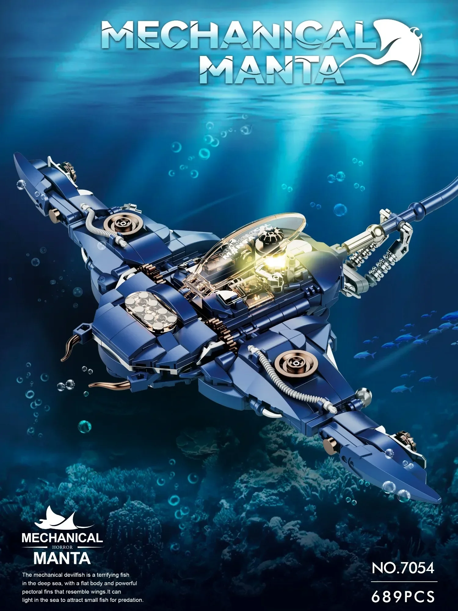 Criativo técnico mecânico manta ray mar animal mobulidae vida blocos de construção modelo com luz educacional haste brinquedo kit presente