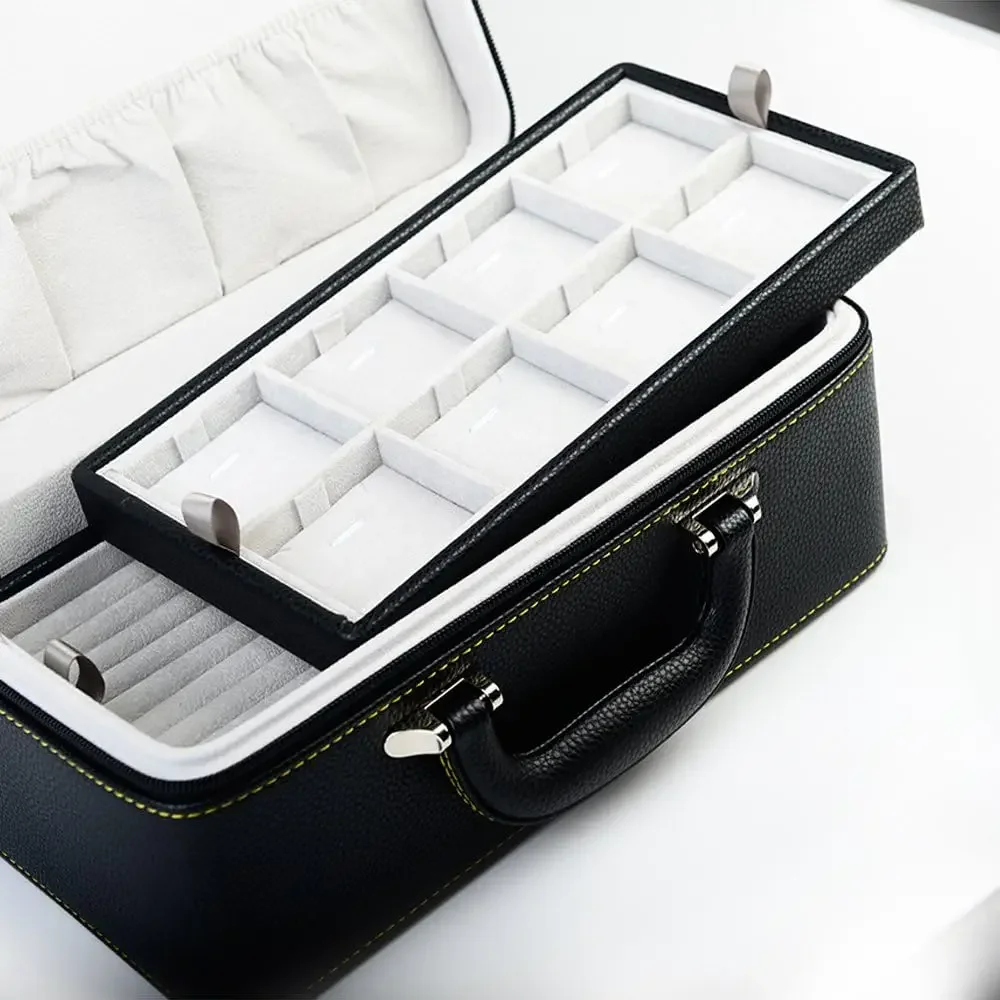 Black Leather Jewelry Box Handmade Travel Jewelry Organizer Storage Case Holder For Girl Lady Earring,Ring,Necklace