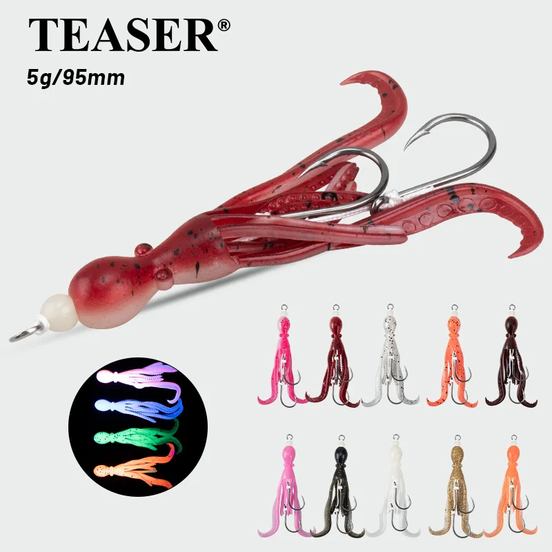 TEASER 2 Stück HK037 5 g/9,5 cm TPE Bionic Octopus Angelhaken Salzwasser UV Glow Soft Flexible Tintenfisch Jigging Assist Haken