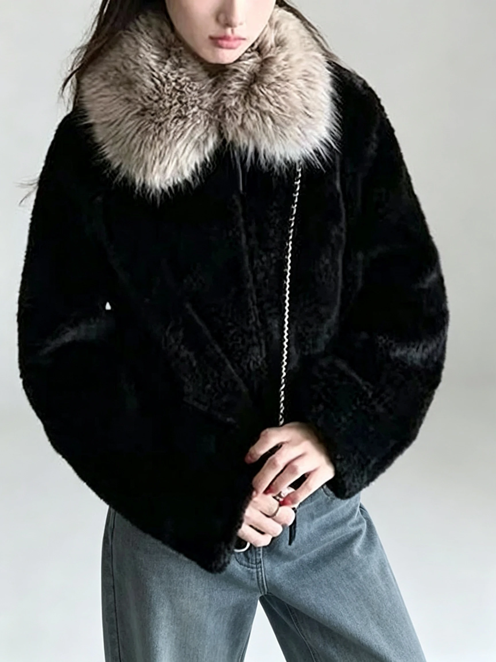 Korean Style Thickened Black Fur Collar Rabbit Fur Jacket Women's Autumn New Eco-friendly Fur Warm Top Short Outerwear