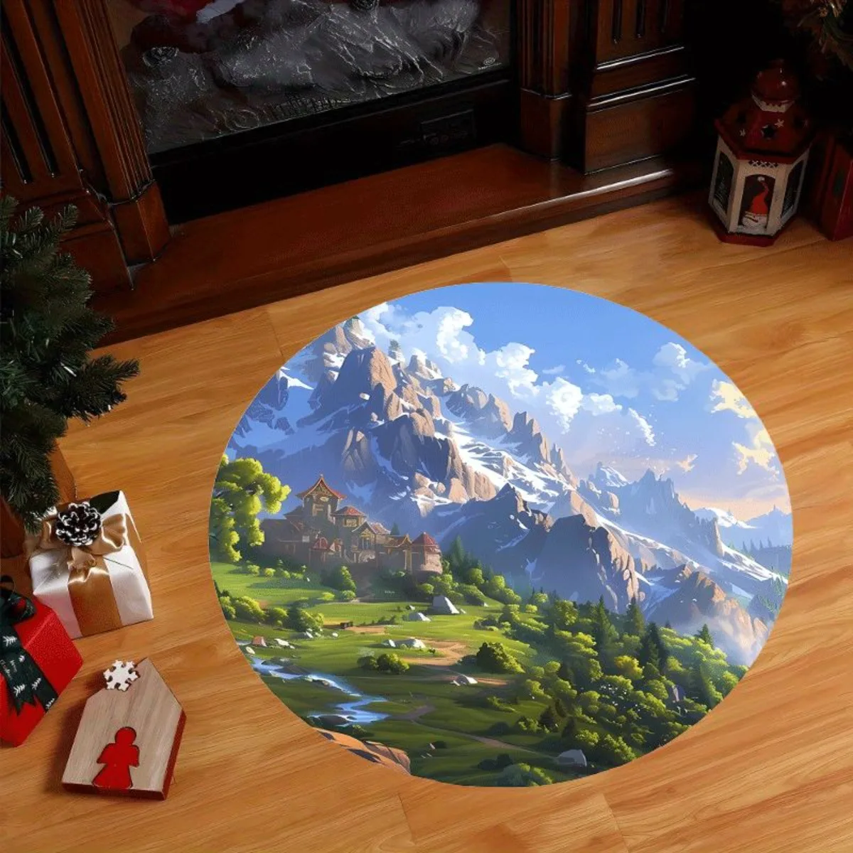 Mountain Landscape Round Rug Flannel Nature Scenery Floor Mat Living Room Decor Artistic Home Carpet Modern Interior Design
